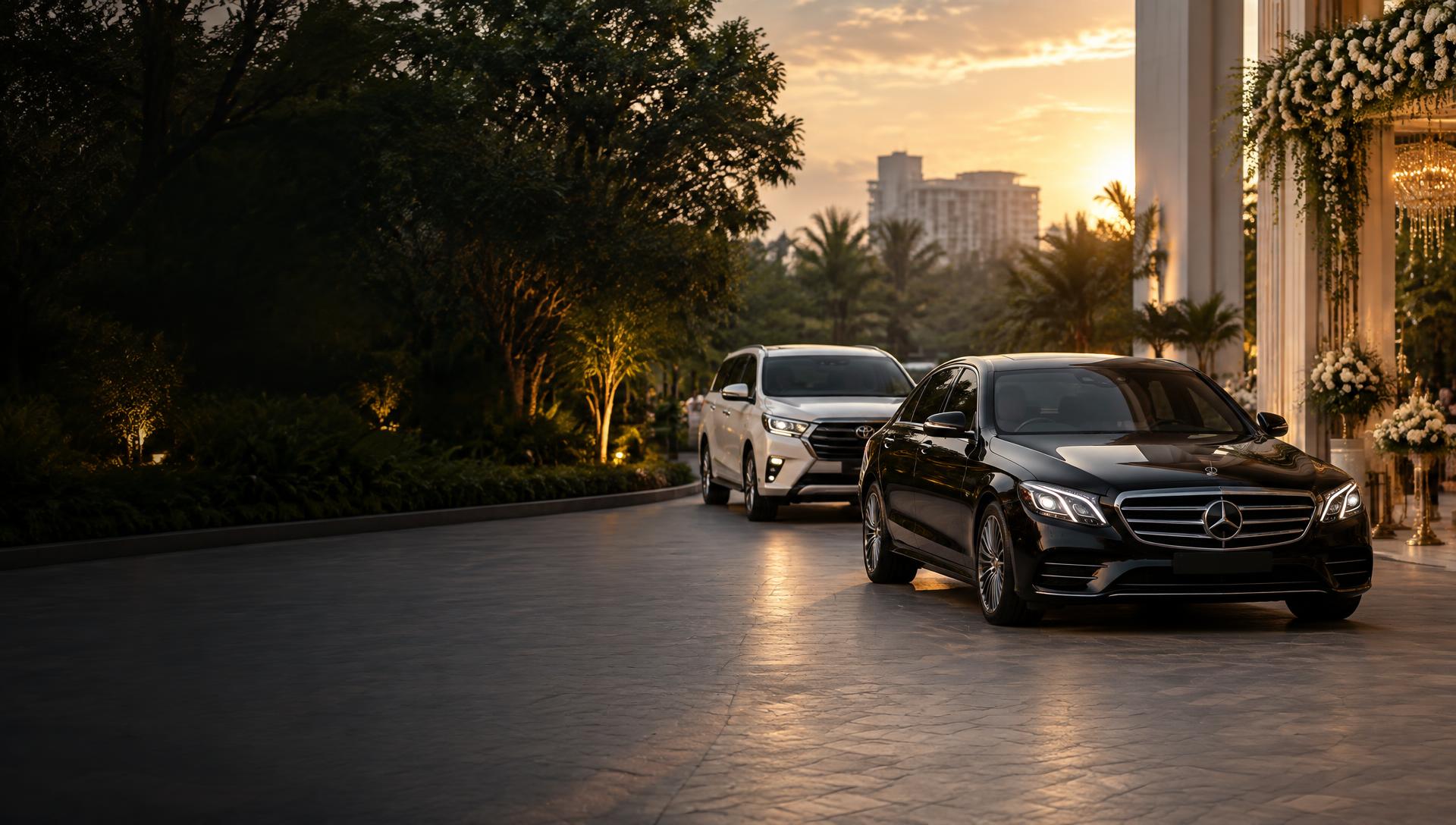 Mercedes E-Class and Toyota Innova arriving at a Bangalore wedding venue