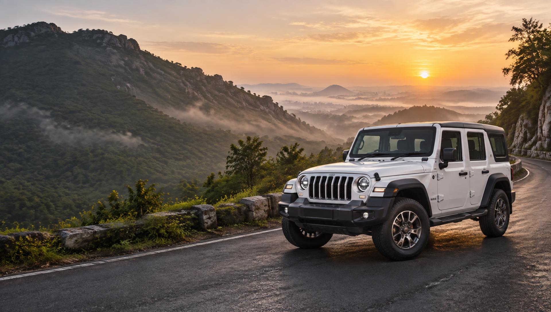 White Thar Roxx on a scenic mountain road near Bangalore at sunrise